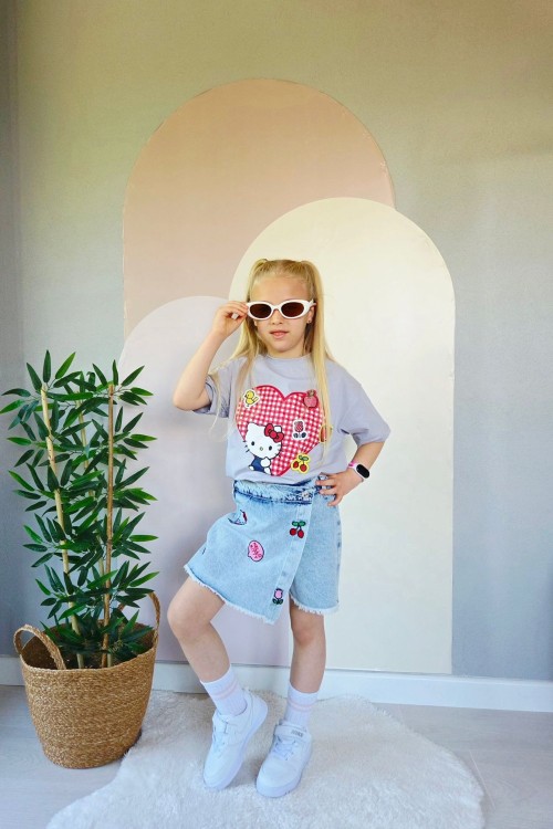 KALPLİ HELLO KİTTY NAKIŞLI KOT ŞORT ETEK TAKIM  Gri