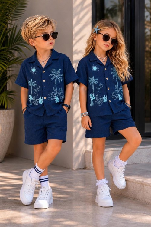 PALMİYE FİLAMİNGO DESEN GÖMLEK  ŞORTLU TAKIM  Lacivert
