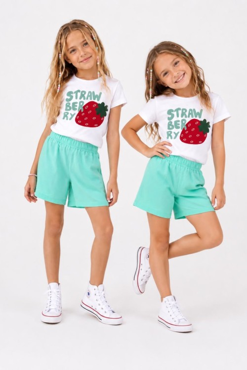 KAMPANYALI STRAWBERRY ÇİLEKLİ ŞORTLU TAKIM  Su Yeşili