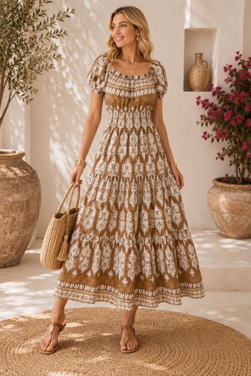 ETNİK DESEN BELİ LASTİKLİ VİSCON ELBİSE  Bej