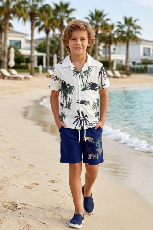SUMMER PALMİYE GÖMLEKLİ ŞORTLU TAKIM  Lacivert