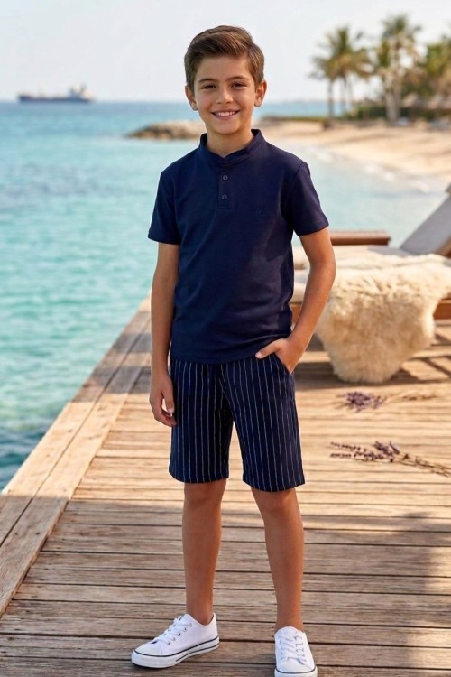 ZARA 2 DÜĞMELİ ALT ÇİZGİLİ ŞORTLU TAKIM  Lacivert