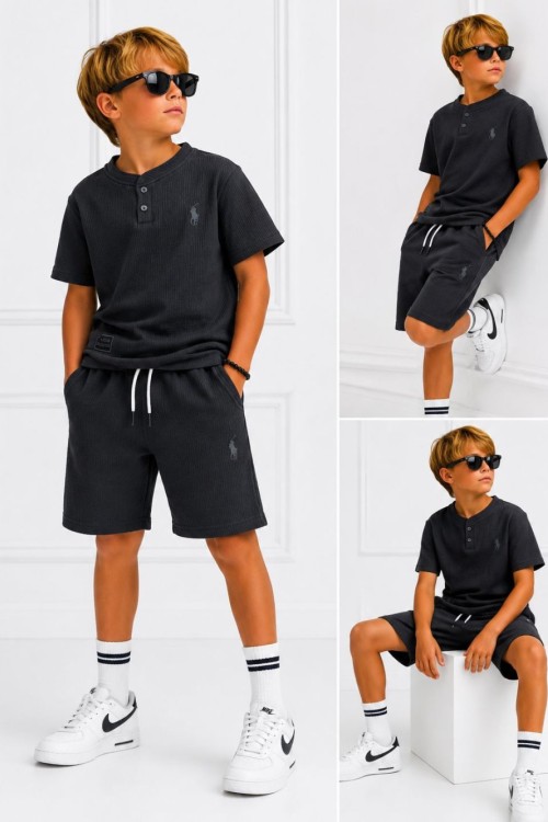 POLO 2 DÜĞME ÇİZGİ DESENLİ ŞORTLU TAKIM  Siyah