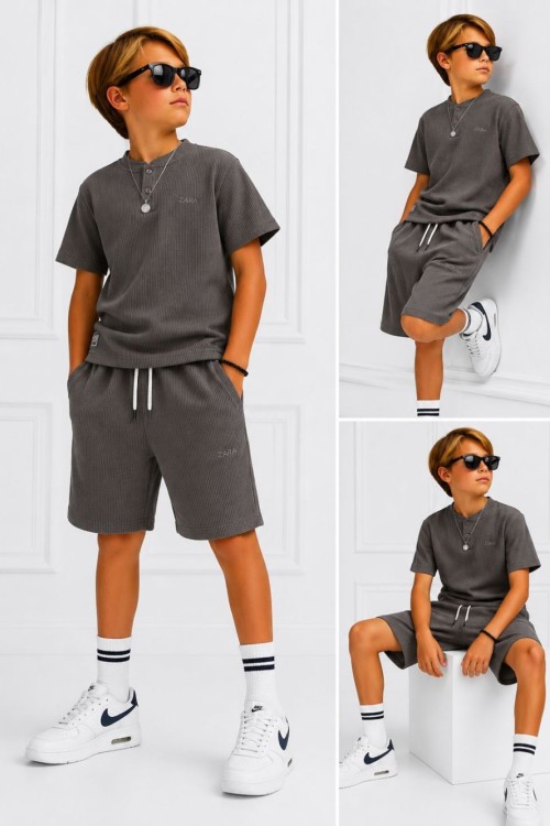 ZARA 2 DÜĞMELİ ÇİZGİ DESENLİ ŞORTLU TAKIM Füme