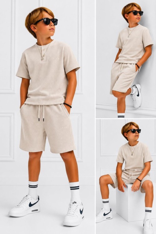 ZARA 2 DÜĞMELİ ÇİZGİ DESENLİ ŞORTLU TAKIM Krem