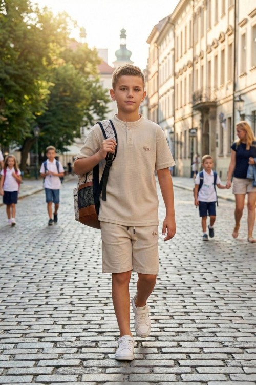 2 DÜĞMELİ TİMSAH NAKIŞLI ŞORTLU TAKIM  Krem