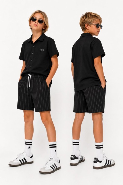 ZARA ALT ÇİZGİLİ GÖMLEKLİ ŞORTLU TAKIM Siyah