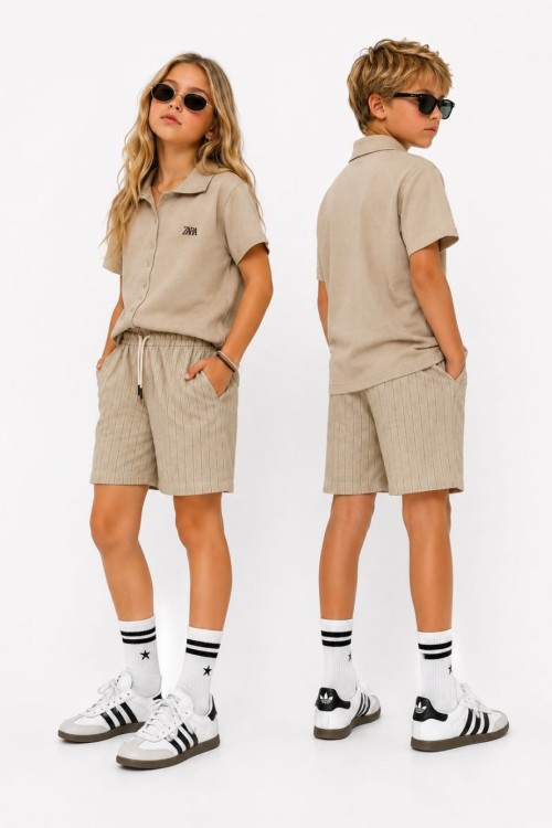ZARA ALT ÇİZGİLİ GÖMLEKLİ ŞORTLU TAKIM Bej