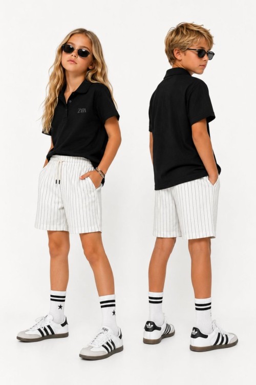 ZARA ALT ÇİZGİLİ GÖMLEKLİ ŞORTLU TAKIM Beyaz