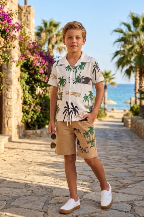 SUMMER PALMİYE GÖMLEKLİ ŞORTLU TAKIM  Bej