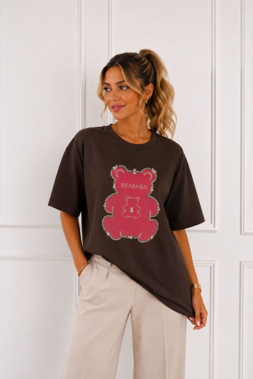 OVERSİZE BEARH&X KENARI TAŞLI AYILI TİŞÖRT  Kahverengi