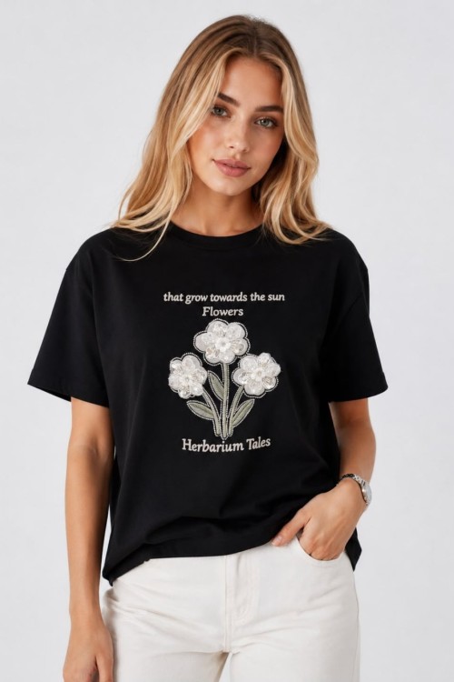 OVERSİZE FLOWERS 3 ÇİÇEKLİ TİŞÖRT  Siyah