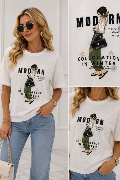 OVERSİZE MODERN KIZLI TİŞÖRT  Beyaz