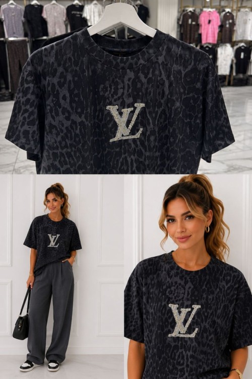 OVERSİZE LV LEOPAR DESEN TİŞÖRT  Gri