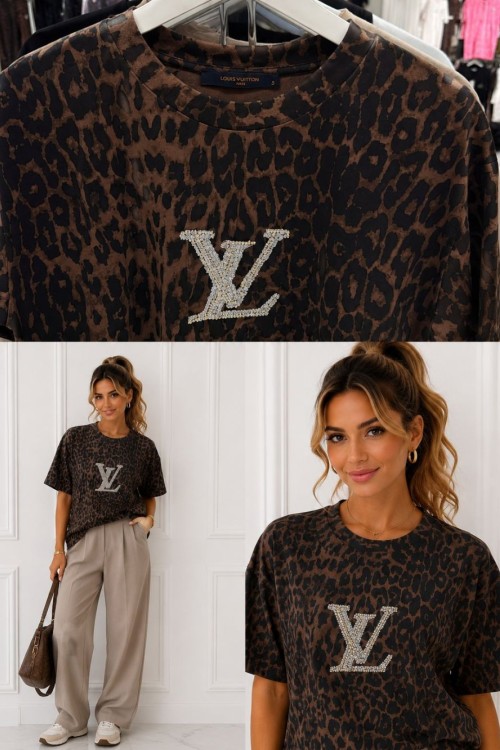 OVERSİZE LV LEOPAR DESEN TİŞÖRT  Kahverengi