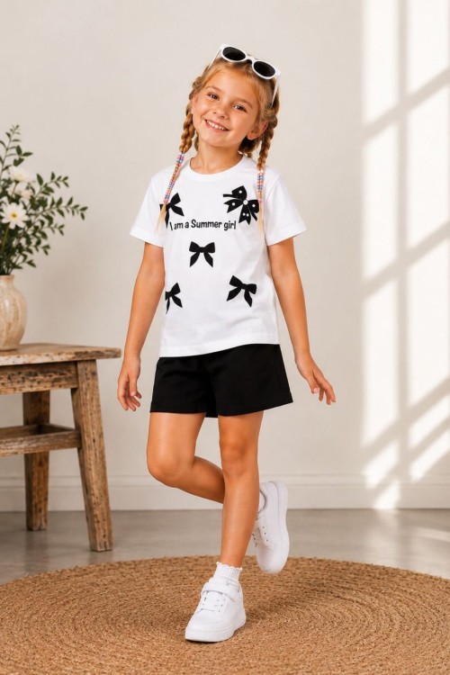 KAMPANYALI SUMMER GİRL FİYONKLU ŞORTLU TAKIM  Siyah