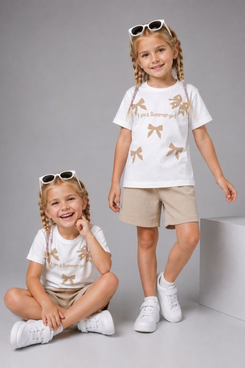 KAMPANYALI SUMMER GİRL FİYONKLU ŞORTLU TAKIM  Bej