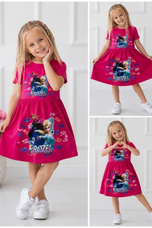 FROZEN DESENLİ PENYE ELBİSE  Fuşya