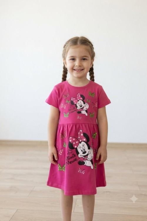 MİNNİE KALPLİ PUAN FİYONKLU PENYE ELBİSE Pembe