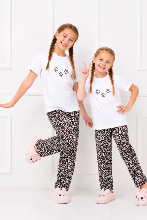 LEOPAR DETAYLI KIZ YAZLIK PİJAMA TAKIMI  Leopar