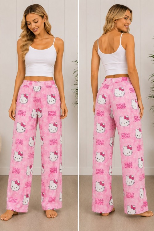 HELLO KITY DESENLİ TEK KADIN PİJAMA ALTI  Pembe