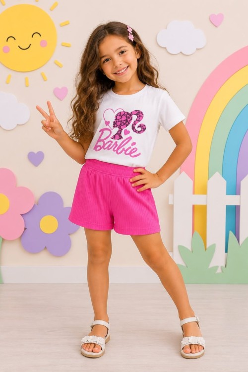 KAMPANYALI BARBİE KALPLİ FİTİLLİ ŞORTLU TAKIM  Ekru Pembe
