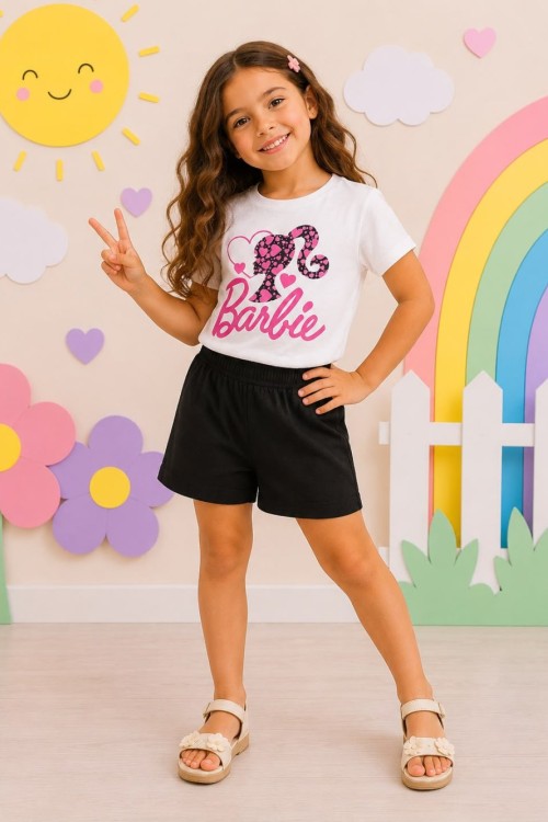 KAMPANYALI BARBİE KALPLİ FİTİLLİ ŞORTLU TAKIM  Siyah Beyaz