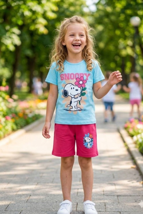 SNOOPY YAZILI KIZ ŞORTLU TAKIM  Mavi