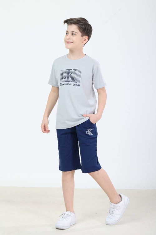 GARSON BOY ÇİZGİLİ CK ŞORTLU TAKIM  Açık Gri