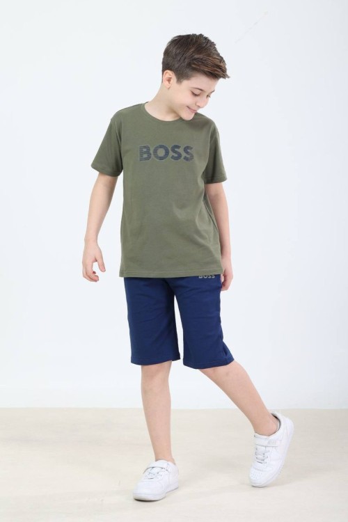 GARSON BOY İKİ RENKLİ BOSS YAZILI ŞORTLU TAKIM  Haki