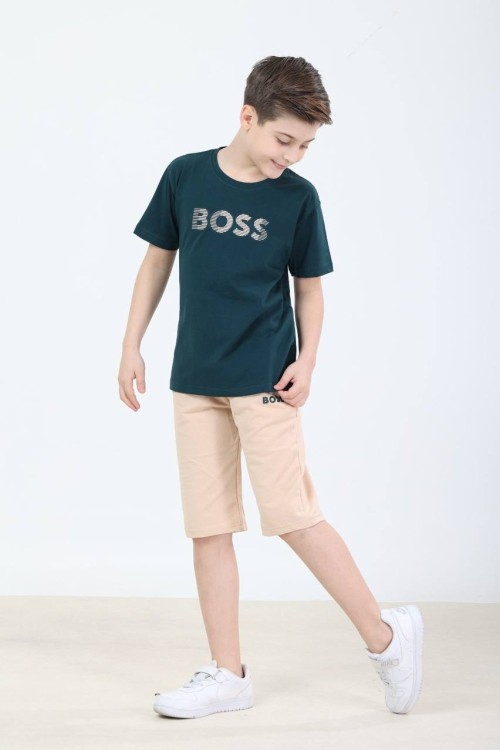 GARSON BOY İKİ RENKLİ BOSS YAZILI ŞORTLU TAKIM  Petrol Yeşili