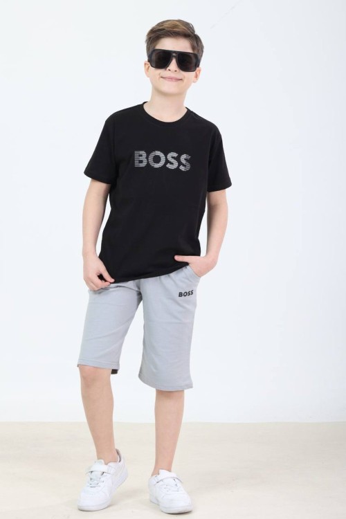 GARSON BOY İKİ RENKLİ BOSS YAZILI ŞORTLU TAKIM  Siyah