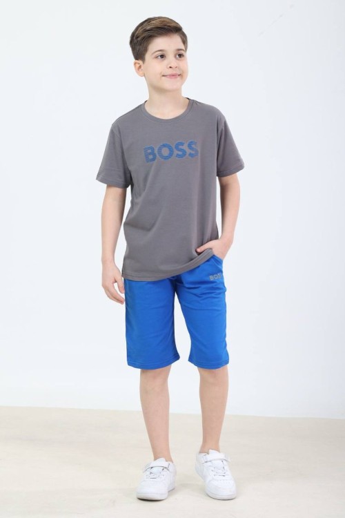 GARSON BOY İKİ RENKLİ BOSS YAZILI ŞORTLU TAKIM  Koyu Gri