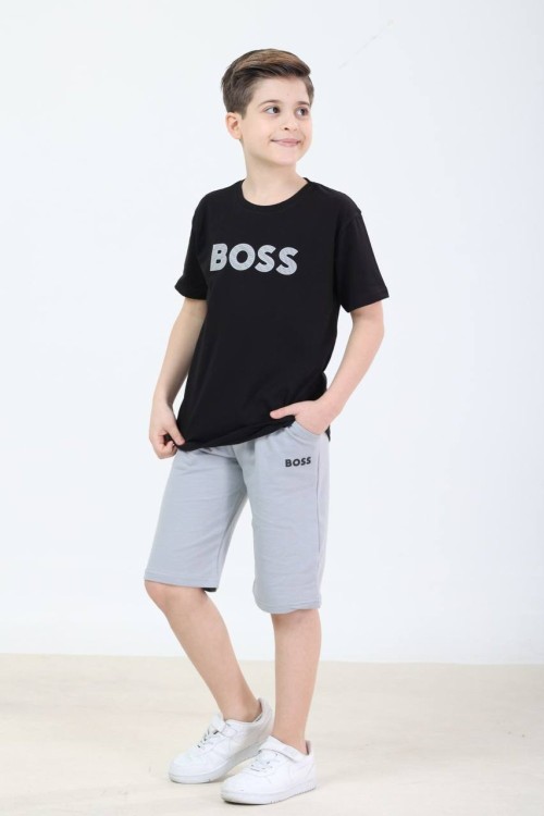 GARSON BOY SADE BOSS YAZILI ŞORTLU TAKIM  Siyah