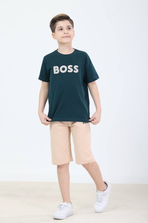 GARSON BOY SADE BOSS YAZILI ŞORTLU TAKIM  Petrol Yeşili
