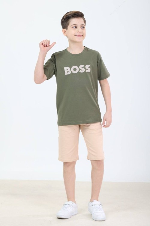 GARSON BOY SADE BOSS YAZILI ŞORTLU TAKIM  Haki