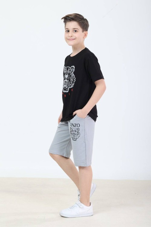 GARSON BOY KENZO ASLAN DESENLİ ŞORTLU TAKIM  Siyah
