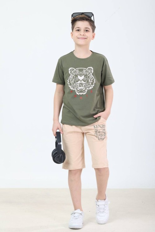 GARSON BOY KENZO ASLAN DESENLİ ŞORTLU TAKIM  Haki