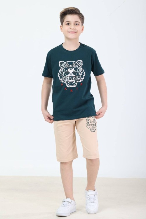 GARSON BOY KENZO ASLAN DESENLİ ŞORTLU TAKIM  Petrol Yeşili