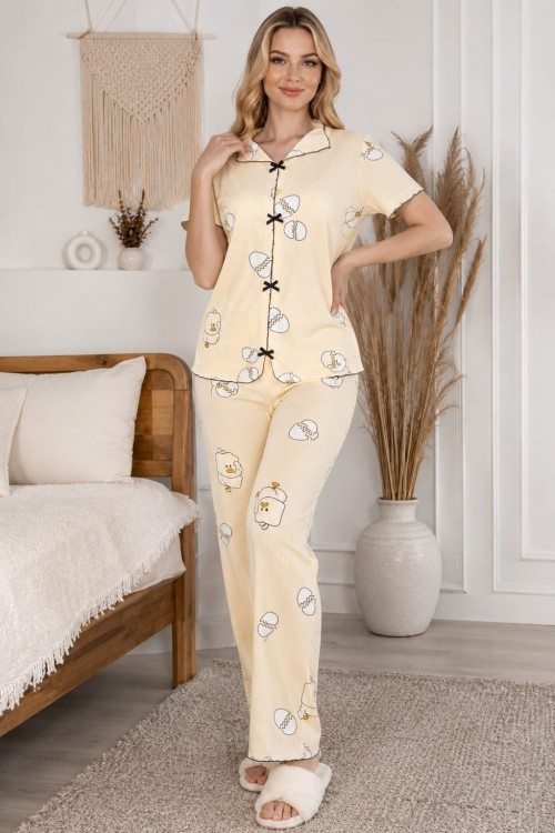 ÖRDEKLİ FİTİLLİ KISAKOL ALT UZUN PİJAMA TAKIMI  Sarı