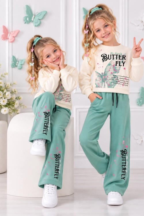 3 İPLİK ŞARDONLU BUTTERY KELEBEK DETAYLI TAKIM  Yeşil