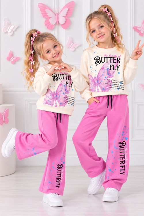 3 İPLİK ŞARDONLU BUTTERY KELEBEK DETAYLI TAKIM  Pembe