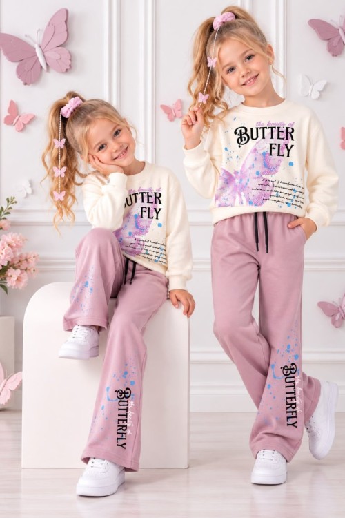 3 İPLİK ŞARDONLU BUTTERY KELEBEK DETAYLI TAKIM  Gül