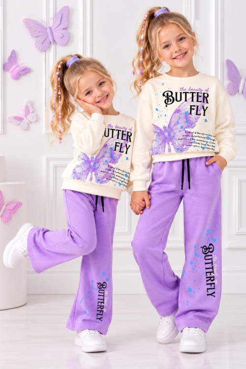 3 İPLİK ŞARDONLU BUTTERY KELEBEK DETAYLI TAKIM  Lila