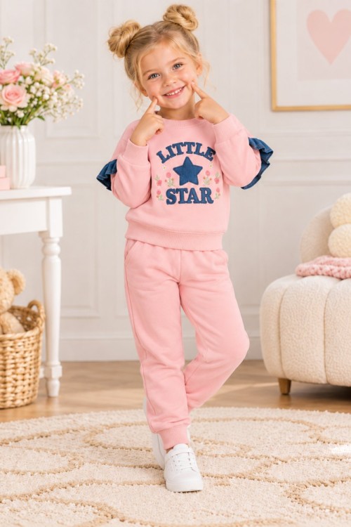 LİTTLE STAR KOL FIRFIR DETAYLI İKİLİ KIZ TAKIM Pudra