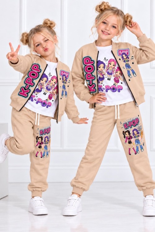 K-POP BASKILI 3 LÜ BADİLİ EŞOFMAN TAKIMI  Bej