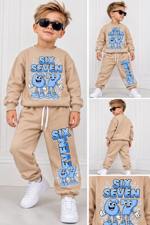 SİX SEVEN YAZILI ERKEK EŞOFMAN TAKIMI Bej