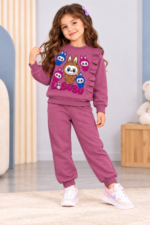LABUBU ÜST KENAR FIRFIRLI KIZ EŞOFMAN TAKIMI  Mürdüm