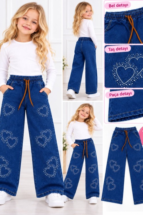 HER YERİ TAŞLI KALPLİ BEL LASTİKLİ KOT PANTOLON  Koyu Mavi