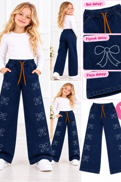  KENARLARİ TAŞLI FİYONKLU TEK KOT PANTOLON  Koyu Mavi